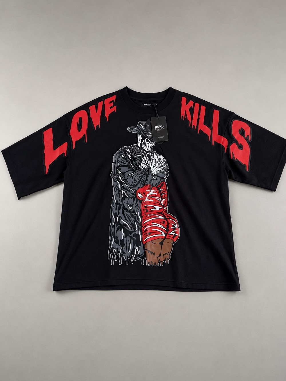 Roku Black Graphic Tee with Red and Brown Accents